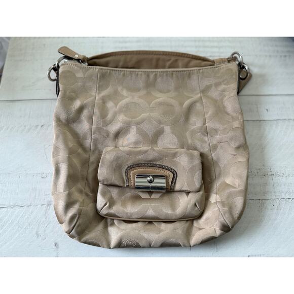 Coach Light Taupe Turnlock Canvas Shoulder Bag - Picture 2 of 11